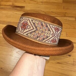 Bollman‎ Hat Bowler Wool Felt Brown Embroidered Western Tapestry Vintage Style